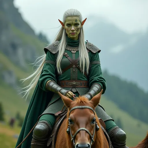 Prompt: A hyperdetailed, hyperrealistic, HD, full-length image of green-skinned, beautiful elf female, King's Ranger, Forest Colored armor, green eyes, facial tattoos, tall, athletic, slender, long silver hair, perfect skin, 27, perfect body, perfect face, long legs, wry smile, riding a massive buck in the mountains