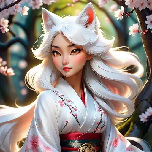 Prompt: High-quality digital painting of a white-haired kitsune, detailed fur with ethereal glow, mystical forest setting with cherry blossom trees, elegant and enchanting aura, flowing white robes with intricate patterns, mythical creature, fantasy, ethereal, detailed fur, mystical forest, elegant, flowing robes, cherry blossom trees, high quality, digital painting, enchanting aura, detailed, magical atmosphere