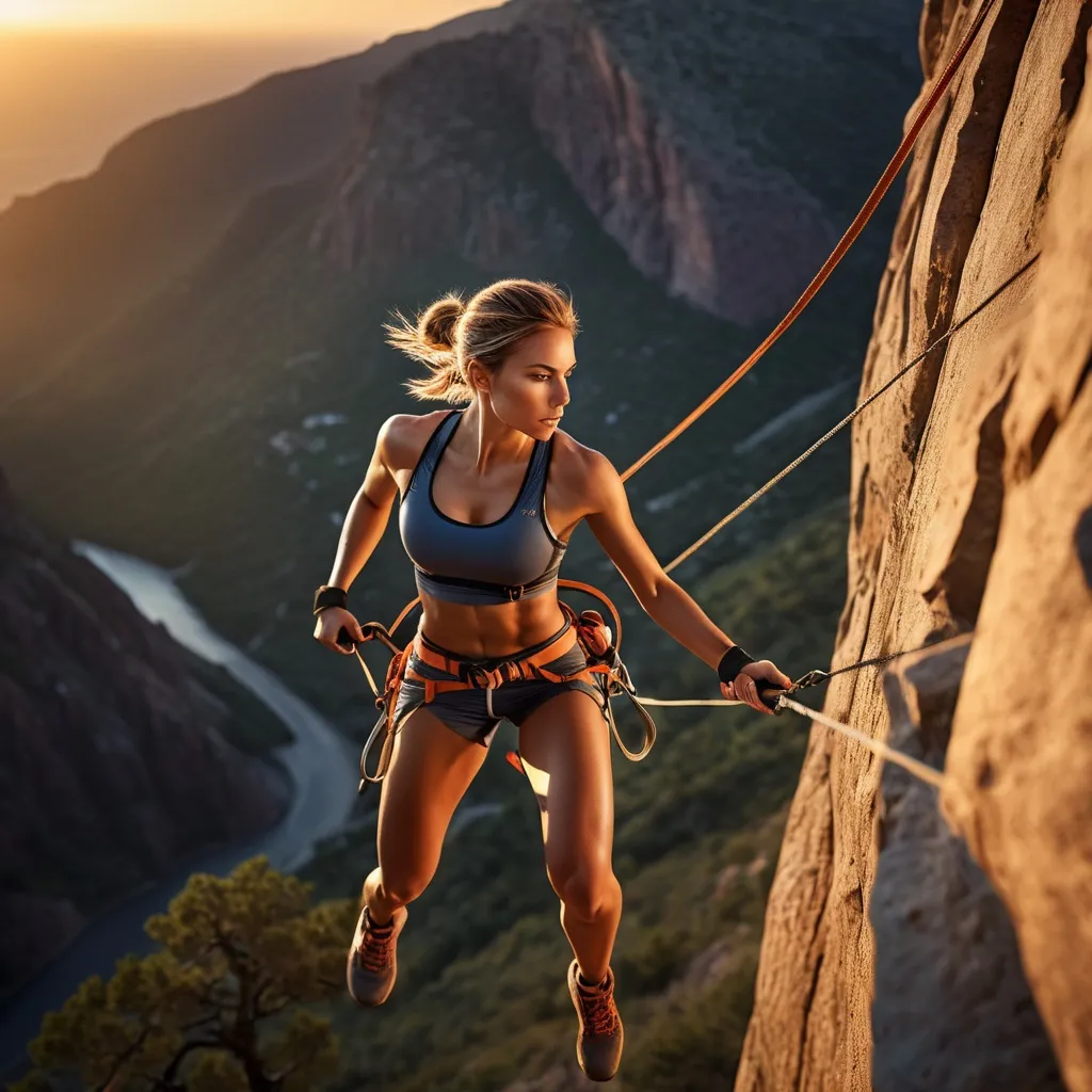 Prompt: Professional photorealistic image of a very fit,  lean, athletic, woman rappelling down a craggy cliff at sunrise, Tanned skin, naturally sensual look, full body image, dim light, naturally beautiful, hyper-realistic, high definition, natural beauty, detailed facial features, realistic lighting, atmospheric lighting, highres color palette, HDR, UHD, highly detailed, atmospheric lighting, photorealistic, iconic, varied color palette, stunning beauty, professional, HDR, UHD, detailed