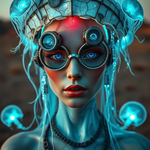 Prompt: An ultra-high-definition image of a Ethereal cyborg woman, bioluminescent jellyfish headdress. Steampunk goggles blend with translucent tentacles. Cracked porcelain skin meets iridescent scales. Mechanical implants and delicate tendrils intertwine. Human features with otherworldly glow. Dreamy aquatic hues contrast weathered metal. Reflective eyes capture unseen worlds. Soft bioluminescence meets harsh desert backdrop. Fusion of organic and synthetic, ancient and futuristic. Hyper-detailed textures, surreal atmosphere., perfect for UHD 4K resolution.