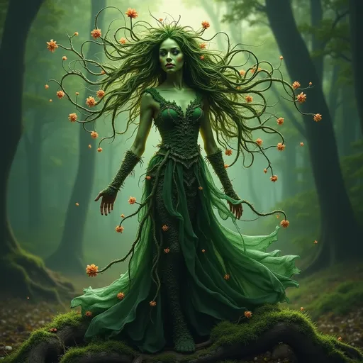 Prompt: HD photorealistic full-body portrait of an awe-inspiring, ethereal woman, part druid and part dryad, the embodiment of nature’s ancient, untamed power. Her green, luminescent skin glows with an inner light, as if she is woven from the very soul of the earth. Her hair flows like living vines and cascading waterfalls of flowers in impossible hues, constantly shifting, with hidden eyes of woodland creatures—sprites, pixies, and fairies—peeking out from the tangles, barely noticeable at first glance. Her eyes, a deep forest green, shimmer with ancient wisdom and a sense of the unknown, like the mysterious depths of a forest at twilight.

Her body, textured like bark and moss, exudes a potent, primal force, as flowers bloom where her feet touch the earth, and gnarled roots coil around her legs, tethering her to the land. She is both creation and destruction—a force of nature that is neither kind nor cruel, only eternal. A gown of intertwined leaves, branches, and petals wraps around her like living armor, pulsing with the life force of the forest. Delicate vines twine around her arms, their buds glowing softly with energy, while the soft whispers of creatures—gnomes, brownies, and sylphs—hide within the shadows, their forms barely discernible, like flickers of light or rustling leaves.

The background is an enchanted, ancient forest, where time seems to stand still. Ethereal light filters through the canopy of towering trees, casting long, dreamlike shadows. Mystical symbols glow faintly on the bark of trees, hinting at forgotten legends, while subtle shapes—tiny fairies darting between flowers, the faint silhouettes of sprites and woodland beings—add to the air of mystery. The atmosphere pulses with an ancient, magical realism, where myth and reality blend seamlessly, and the boundaries between worlds are blurred. It is a place of enchantment, danger, and beauty, captured in exquisite, ultra-detailed, 8K resolution.