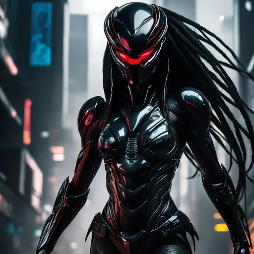 Prompt: Shockingly Futuristic, Awe inspiring, Predator, Otherworldly Alien female humanoid, multiple LED cybernetic Enhancements, dark pitch black skin, dark charcoal black skin, (red eyes), muscular with smooth tentacles as hair, vibrant bright colors of the full spectrum, formidable expression, serious demeanor, (alien origin), striking contrast, ultra-detailed, high quality, otherworldly dystopian atmosphere.