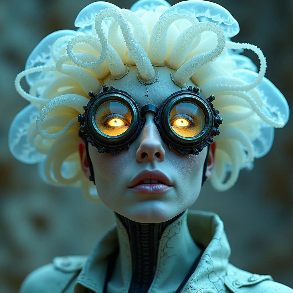 Prompt: An ultra-high-definition image of a Ethereal cyborg woman, bioluminescent jellyfish headdress. Steampunk goggles blend with translucent tentacles. Cracked porcelain skin meets iridescent scales. Mechanical implants and delicate tendrils intertwine. Human features with otherworldly glow. Dreamy aquatic hues contrast weathered metal. Reflective eyes capture unseen worlds. Soft bioluminescence meets harsh desert backdrop. Fusion of organic and synthetic, ancient and futuristic. Hyper-detailed textures, surreal atmosphere., perfect for UHD 4K resolution.