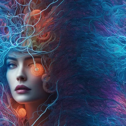 Prompt: (ultra-detailed) surreal image of a woman with a brain and a head made of intricate wires, enveloped by vibrant wires cascading from her head, set against a striking  vibrant multicolored background, influenced by the captivating style of Jackson Pollack, featuring (psychedelic art) elements, infused with vibrant cyberpunk aesthetics and DMT inspirations, designed to evoke a deep emotional response while forging a link between humanity and technology.