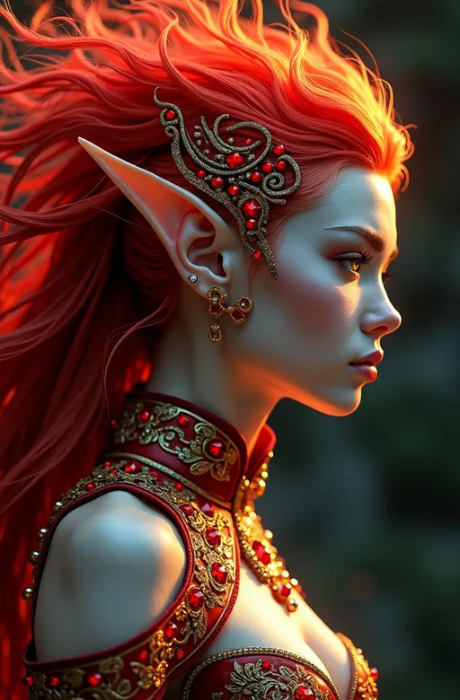 Prompt: UHD Digital Art, a fantasy character in a side profile. The subject is a humanoid figure with pale skin and striking, elongated elf-like ears. The character's face is adorned with intricate red and gold embellishments, resembling gemstones and ornate patterns. Fiery red hair flows dramatically, appearing almost flame-like, with bright highlights and dynamic movement. The eyes are a vivid yellow, adding an intense gaze. The attire is richly detailed, with a high collar and elaborate designs incorporating pearls and metallic elements. The background is dark, enhancing the vibrant reds and golds of the character, creating a dramatic contrast and emphasizing the fantastical theme of the artwork.
<lora:FluxMythP0rtr4itStyle:0.6> <lora:flux.1_lora_flyway_Epic-Characters_v1:0.6> <lora:Elden_Ring_-_Yoshitaka_Amano:0.33>, a blend of (dark fantasy art) and (cyberpunk aesthetics), vibrant colors, moody lighting, intricate details, celestial elements in the background, contrasting shadows, surreal ambiance, (highly detailed), (fantasy style), reminiscent of Anne Stokes' artwork, ethereal atmosphere.