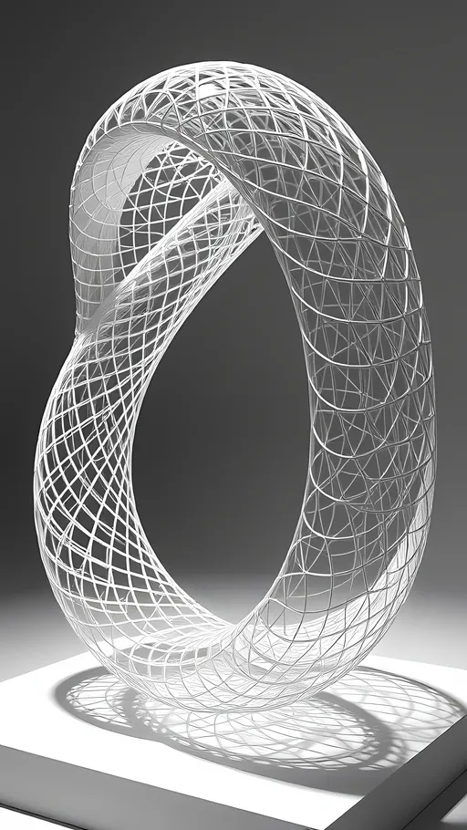 Prompt: A mind-bending sculpture blending a 4D Klein bottle with a Mobius strip, featuring a non-orientable, single-sided surface. Captured using 3D printing and stereographic projection, evoking the mathematical art of Escher.
 <lora:grainy-v1:0.7>