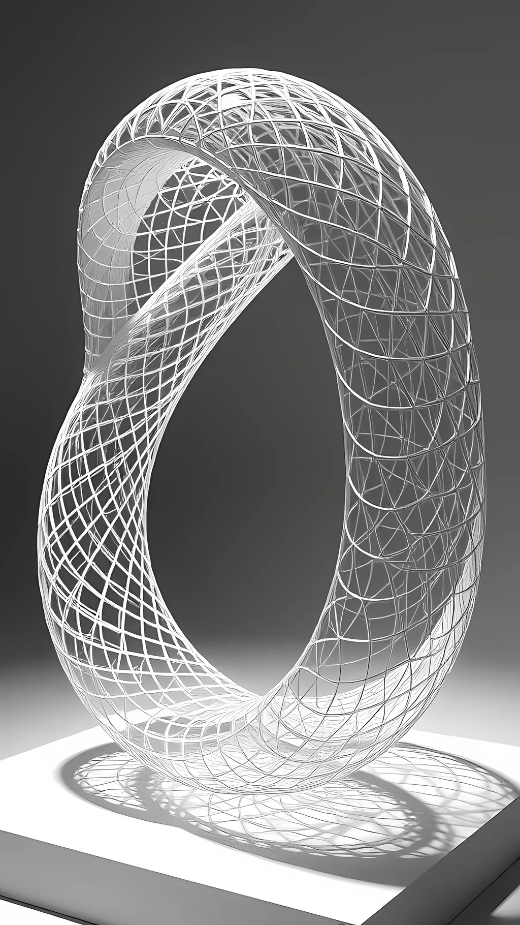 Prompt: A mind-bending sculpture blending a 4D Klein bottle with a Mobius strip, featuring a non-orientable, single-sided surface. Captured using 3D printing and stereographic projection, evoking the mathematical art of Escher.
 <lora:grainy-v1:0.7>