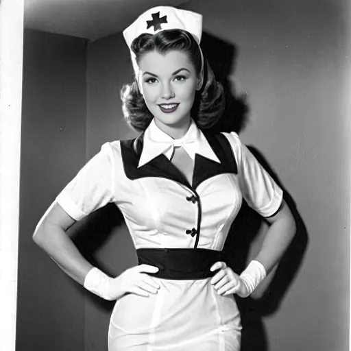Prompt: Strikingly beautiful 1950's pin-up girl, blonde bombshell, hypnotic bimbo, very buxom, 6' tall, Horned Rimed Glasses, Naughty Nurse Outfit, super tight and form-fitting, Nurses Cap, stark white nurses dress, white stockings and garter belts, thong, amazingly gorgeous bright  eyes, perfect eyes,  flirtatious, hypersexual, happy, toned abs, perfect teeth, perfect face, perfect body, athletic legs, retro, pin-up, vibrant colors, detailed facial features, high quality, vintage, playful and alluring, exaggerated proportions, professional lighting