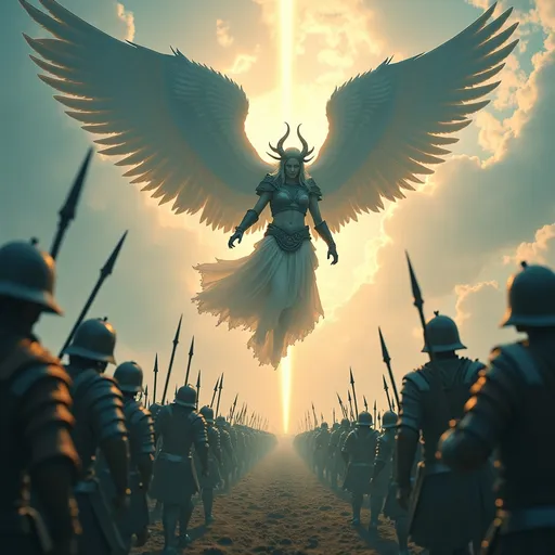 Prompt: UHD, Photorealistic image of a Winged Valkyrie descending from the sky, brilliant burst of light illuminating the scene, battlefield filled with struggling warriors, cool color scheme, photorealistic style, eye-level full shot, soft focus, hyperrealistic details, intricate features, amazing depth, stunning composition, atmospheric lighting, masterful execution, high definition, dynamic and imposing presence, capturing an epic moment of battle.