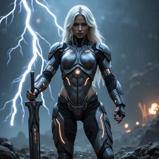Prompt: A formidable female warrior cyborg, strikingly beautiful and powerful, yet haunted, bearing visible battle scars and marks of past villainy now subtly overlaid with symbols of heroism and snakes, signifying rebirth and transformation.  This character embodies both a superhero and a redeemed former villain, exuding an aura of powerful resolve and hard-earned redemption. Standing heroically amidst a stormy battlefield, with lightning illuminating the intricately etched fractal designs on the battle-scarred armor. The armor, a hybrid of Damascus steel and fractal art, shimmers with a mystical energy, the fractal patterns seamlessly merging with the Damascus steel's distinctive water-like texture.  Piercing, intense eyes reflect focused determination. Snakes are integral to the design: subtle serpent tattoos coil around muscular arms and legs, and snake motifs are etched into the armor and weaponry. A massive, fractal-designed sword or staff with Damascus steel accents completes the character's imposing and heroic presence.  The image is ultra-high definition, with sharp focus on the intricate details, realistic textures, and natural lighting.  The style is hyperrealistic, avoiding anime or comic book aesthetics. Focus on a grounded, realistic portrayal of the character and the environment.