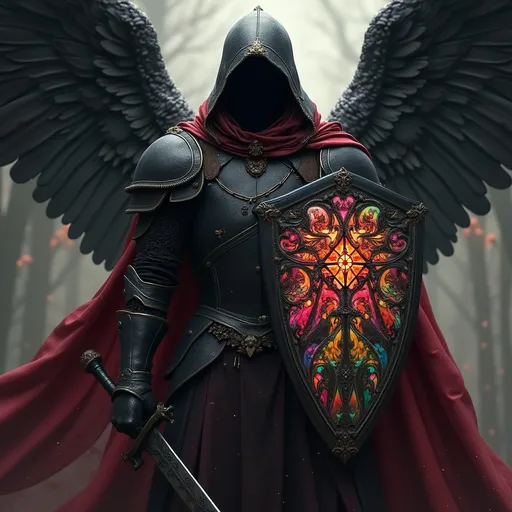 Prompt: Mysterious angel with flowing black plate armor and a billowy blood red hooded tabard, Face made of blackness and stars, standing resolute in a defensive pose, with a Crusader shield that shimmers and glows with an otherworldly aura  its surface comprised of intricate, magical, and colorful iridescent fractal stained glass, reminiscent of the dreamlike artistry of Roger Dean and the vibrant colors of Syd Mead, and a black scimitar made of glowing Damascus steel, set against a dramatic, cinematic background with deep chiaroscuro contrasts, and rich subsurface scattering, evoking the fantastical, high-fantasy worlds ofcover artist, Michael Whelan, in a bold, dynamic, and detailed digital art style with a mix of realism and fantasy elements