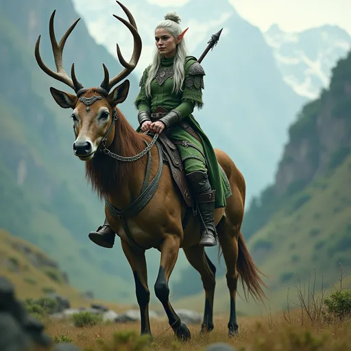 Prompt: A hyperdetailed, hyperrealistic, HD, full-length image of green-skinned, beautiful elf female, King's Ranger, Forest Colored armor, green eyes, facial tattoos, tall, athletic, slender, long silver hair, perfect skin, 27, perfect body, perfect face, long legs, wry smile, riding a massive buck in the mountains