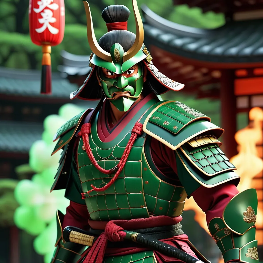 Prompt: tall, muscled, sinister looking samurai, in dark green and dark red samurai armor & mask.   Armed with an intricately inlaid Nagata.  the Kanji characters on the Nagata glow green.  the weapon radiates a sense of power and malice.  there is a pagoda in the background that is burning and falling down.  very high quality animation, UHD, 8K, 