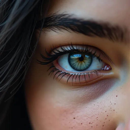 Prompt: sensual look in her right eye, extreme close-up, natural light, high detail, in dusty gray tones, haze, hairs, quantum rendering, realistic, hyper-detailed, kodak 50mm lens, professional photoshoot, full-hight scene view