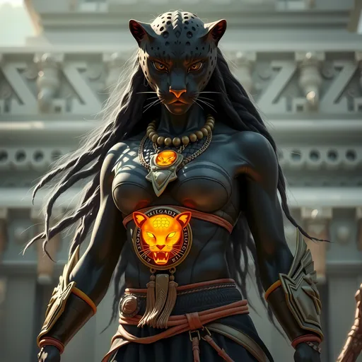 Prompt: Black Jaguar Female Tabaxi in the style of superhero, long microplatted hair,  powerfully muscled, fierce warrior, force of nature, clothed as mayan warrior, high-quality photography,  glowing jaguar amulet, sleek and powerful stance, intense gaze, vibrant black and gray fur with dramatic lighting, mayan temple setting,  professional photography, highres, superhero, intense, powerful, sleek design, professional, vibrant colors, dramatic lighting,