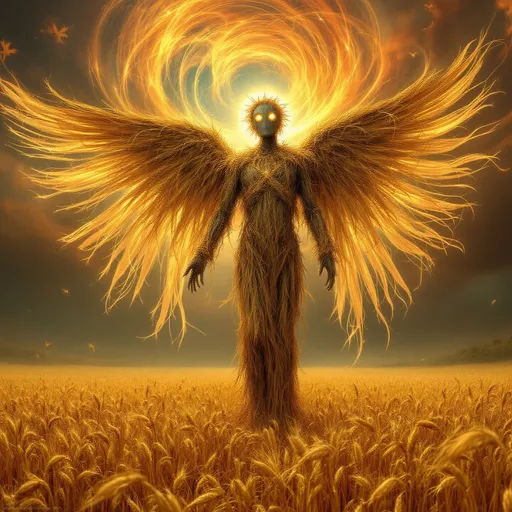 Prompt: fantasy style image of The Scarecrow Archangel of the Fields, wings woven from blessed hay, eyes glowing like moons, sacred halo of sun and autumn swirling above, warm color scheme with rich golds and shimmering earthy tones, ethereal ambiance, radiant and eternal presence, detailed surrounding fields filled with golden grains, ultra-detailed, high quality, atmospheric lighting creating an enchanting aura.