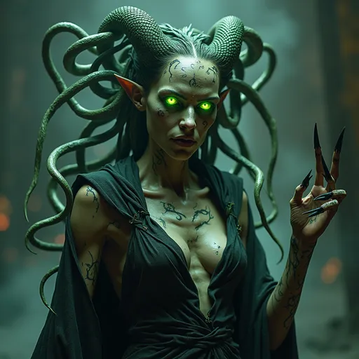 Prompt: An UHD photo-quality full-body image of Megaera, the Fury of Jealousy, in hyper-realistic 8K detail. Megaera is depicted as a wrathful yet mesmerizingly sinister figure, her gaunt but striking face exuding malice and envy. Her ashen, weathered skin is veined with faint green and black patterns, glowing like a corrupted web of energy. Her eyes burn with a venomous green light, narrow and piercing, reflecting her eternal role as the punisher of jealousy and infidelity. Her hair is a writhing, tangled mass of serpents, their scales glimmering faintly, hissing and snapping with malevolent energy.

Megaera’s upper body is lithe yet muscular, wrapped in tattered, smoke-like black robes that seem to shift and move unnaturally, as though alive with her rage. Her talon-like hands are elongated and sharp, blackened as if charred, dripping with a faint glowing ichor that corrodes the air around it. Her torso bears faintly etched patterns of ancient curses, glowing intermittently as her fury surges.

Her massive, bat-like wings are torn and jagged, each stroke of the wings emitting glowing green sparks and wisps of shadowy mist. Her lower body is shrouded in shifting black smoke, obscuring the ground as she floats above it, her form flickering between corporeal and ethereal.

Megaera stands on a fiery battlefield littered with the remnants of the jealous and unfaithful. The cracked, molten ground glows beneath her, with pools of green, bubbling acid marking her victims’ tortured ends. The background is a stormy chaos of red and green lightning, shadowy figures screaming in the distance, and crumbling ruins of broken oaths. The lighting highlights every intricate texture, from the glimmering scales of her serpents to the jagged tears in her wings. This hyper-realistic image captures the vengeful, jealous wrath of Megaera, blending horror with beauty.