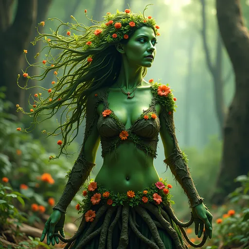 Prompt: HD photorealistic full-body portrait of a stunningly beautiful green-skinned woman, part druid and part dryad, embodying the living essence of the forest itself. Her flowing hair resembles cascading vines, leaves, and flowers in vibrant hues, merging seamlessly with her skin, which is textured like ancient bark and moss. Her eyes are deep, forest green, holding the wisdom of centuries, reflecting both the nurturing and dangerous aspects of nature. She is neither good nor evil—simply a force of nature. Vitality and fertility radiate from her being, with flowers blooming in her presence, while thick, twisting roots coil around her feet, connecting her to the earth. Her form is lush and fertile, representing the explosion of life in the ancient forest, yet there is a wild, untamable power in her stance, as if she can trap or shelter anyone who wanders too close. She wears a gown made of interwoven leaves, petals, and branches, and her arms are adorned with delicate vines and blossoms that pulse with life. The background is a vibrant, lush forest bathed in soft, ethereal light, with trees towering above, and wildlife subtly woven into the scene. The atmosphere exudes a sense of timelessness and the endless cycle of life, growth, and decay, captured in stunning, vivid detail. Fantasy atmosphere, magical realism, surreal beauty, ultra-detailed, 8K