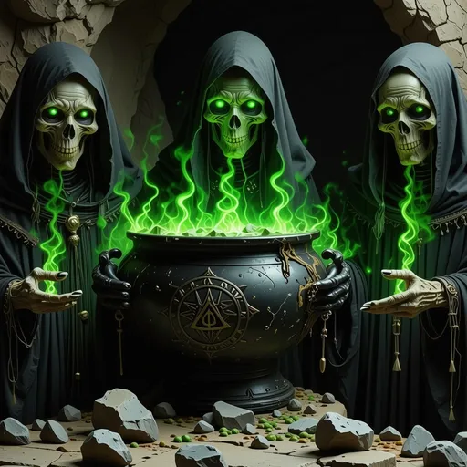 Prompt: A photorealistic, hyper-detailed depiction of the Three Blind Stygian Witches, ancient crones whose decayed and grotesque forms radiate dark power and malice. Their crudely sewn-shut eyes, a horrific testament to their sacrifice for the ability to see the future, ooze corruption and dominate their unsettling faces. They share a glowing, magical eye that radiates an eerie, sinister energy, held delicately in their gnarled, clawed hands. The witches stand in front of a rusted, foul old cauldron filled with a vile, bubbling stew, where dismembered parts of their former victims float. The cauldron is engulfed in green flames, casting a sickly, unholy glow across the scene. Their tattered, intricate robes are woven with arcane symbols, adding to their air of dark mysticism. The cavernous lair surrounding them is filled with jagged rocks, glowing runes, and remnants of past sacrifices. The atmosphere is foreboding and oppressive, with high-contrast lighting accentuating the grotesque features of the witches and the sinister ambiance. Fiery embers and glowing green mists swirl around, heightening the sense of twisted horror and dark magic. The scene captures the essence of evil incarnate, blending terror with a mesmerizing, otherworldly aura.