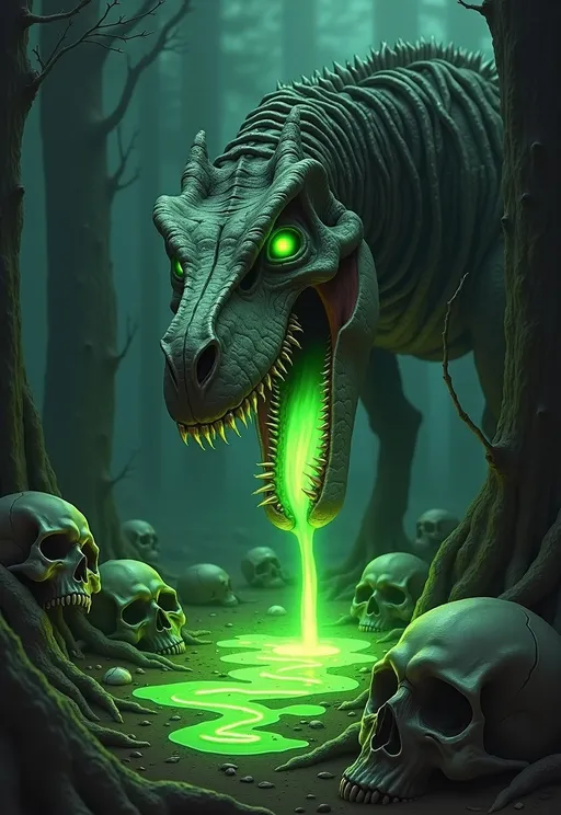 Prompt: a menacing, skeletal dinosaur with glowing green eyes and a gaping mouth, from which a bright green, luminescent liquid is pouring. The dinosaur is set in a dark, dense forest with tall trees and a misty atmosphere, creating an eerie and ominous mood. The ground is littered with human skulls, also illuminated by the green glow of the liquid, enhancing the sinister theme. The overall color palette is dominated by dark greens and blacks, with the vibrant green liquid providing a stark contrast. The composition is centered on the dinosaur, with the forest and skulls framing the scene, drawing the viewer's attention to the creature's fearsome presence.
<lora:FluxMythP0rtr4itStyle:0.6> <lora:Midjourney_Dreamlike_Fantasy_FLUX_LoRA:0.6> <lora:Elden_Ring_-_Yoshitaka_Amano:0.33>