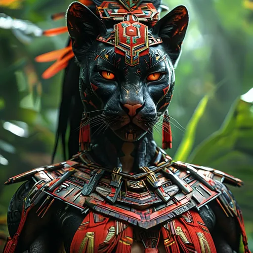 Prompt: (Black Jaguar Female Taboxi),  Fierce Female Warrior, Strong, Powerful,  full body action shot, 
 Athletic  Muscled body. adorned in intricate Mayan tribal garb, (red eyes) gleaming in the sunlight, showcasing prominent facial scars. Close angle composition amid a lush jungle background filled with vibrant greenery and dappled light, enhancing the mood of mystery. (8K ultra realistic), (photorealistic), employing sophisticated photography lighting techniques, (reflection mapping), capturing every detail in this cinematic masterpiece.