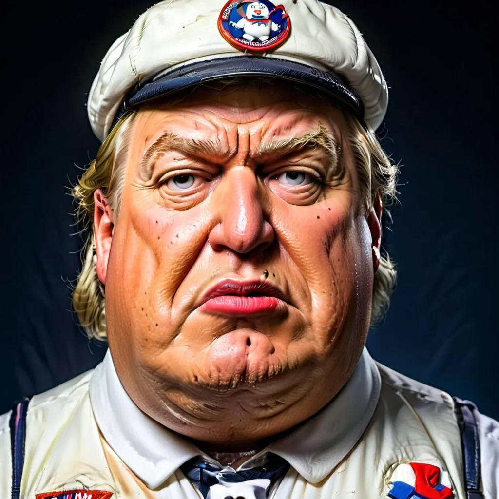 Prompt: Hybrid Image of obese and orange-skinned donald trump with the hat and collar of the Stay Puft Marshmallow Man 