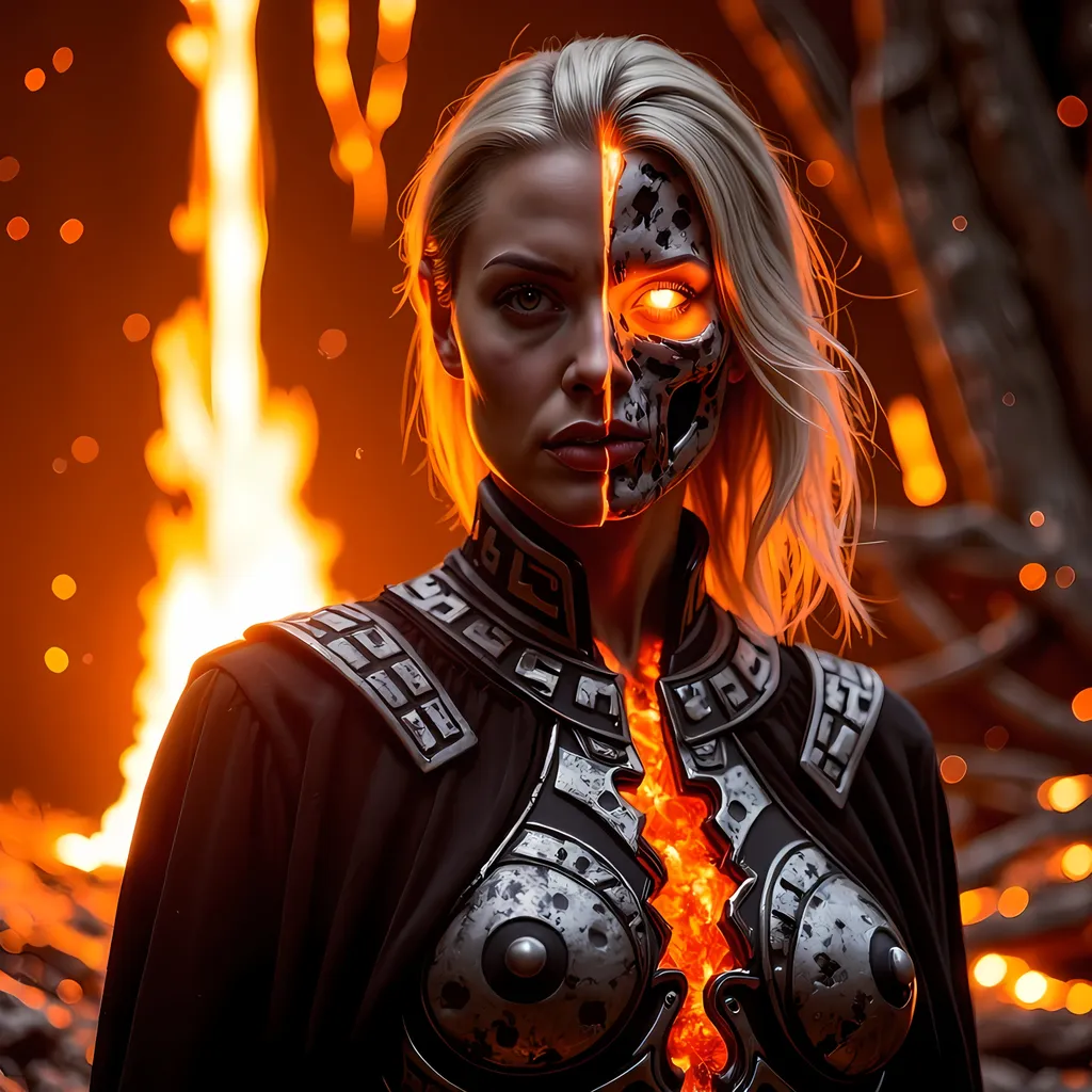 Prompt: A mythic dark fantasy close-up of Hel, the Norse goddess of death, standing beside the molten throne of the King of Muspelheim. Her face is split between life and death — one side radiant with pale beauty, the other skeletal and decayed. Her eyes glow with cold fire, untouched by the lava and flame surrounding her. She wears a dark, tattered cloak edged in glowing runes, and her presence exudes stillness in the chaos. Behind her, lava pits burn and glowing embers rain down. The light from the fire illuminates her living side, while shadows cloak the death half. Her expression is stoic and powerful, embodying balance between fire and decay. Ultra-detailed, cinematic lighting, Norse mythology aesthetic, high fantasy character portrait..