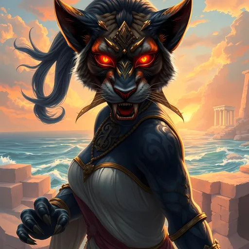 Prompt: Female hyper-realistic illustration of a female anthro-Cave Lion warrior character, fangs bared, Bright scarlet glowing eyes, designed as an Amazon huntress. She is a fierce incarnation of Artemis, Traditional Classical Greek Women's clothing  Glowing red eyes. This character is a human-Cave Lion hybrid with stunning, enchanting beauty. Her body is covered in silky, shiny, and intricately patterned  fur. Her hands are clawed, and her overall build is muscular, athletic and strong, perfectly sculpted for agility and power.  She is the ultimate apex predator.   Her yes glow a very bright scarlet red.

The character should exude a powerful presence with captivating eyes, detailed expressions, and a dynamic pose that reflects her warrior status. The background should be vibrant greek seascapes, featuring vibrant ocean scenes with ancient Classsical Greek ruins. The atmosphere should be warm-toned and evocative, bringing out the fantasy aspect of the scene.

Intricate patterns on her black fur and clothing should highlight her Greek heritage, while the overall composition should include ultra-detailed textures and vibrant colors to make her stand out. The scene should be reminiscent of a Dungeons & Dragons-inspired fantasy world, complete with vivid and enchanting details that draw the viewer into this mythical setting