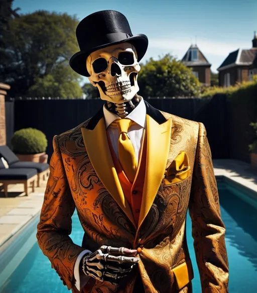 Prompt: Large scary-looking skeleton in a well-tailored gsaville row paisley smoking jacket with black lapels and  a yellow ascot drinking champagne by the pool, while smoking a cigar, eerie skeletal features, spooky atmosphere, high contrast, intricate details, horror, vintage style, vibrant orange tones, dramatic lighting