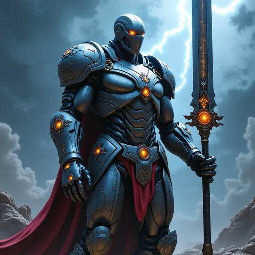 Prompt: A formidable warrior cyborg, Battle scars and marks of past villainy, now overlaid with symbols of heroism and snakes, representing rebirth and transformation.  embodying both a superhero and a redeemed former villain, exuding an aura of power and redemption.   Standing heroically amidst a stormy battlefield, with lightning illuminating the fractal designs on the armor. The character, adorned with intricately designed armor that features a hybrid of Damascus steel and fractal art patterns, stands poised for battle. The armor's fractal designs shimmer with a mystical energy, merging beautifully with the Damascus steel’s distinctive water-like patterns. His/her piercing snake-like eyes reflect an intense and focused determination. Snakes are an integral part of his/her design, with serpent tattoos coiling around muscular arms and legs, and snake motifs etched into the armor and weaponry. A massive, fractal-designed sword or staff with Damascus steel accents adds to the character's menacing and heroic presence. The overall image is ultra-high definition, with sharp focus on the intricate details, natural lighting, and realistic textures, ensuring the art is neither anime nor comic book style.