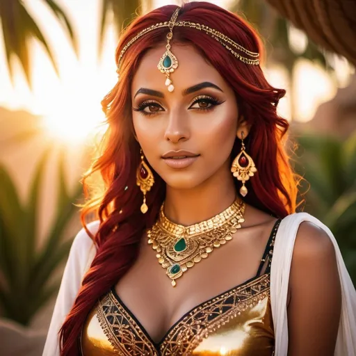 Prompt: 1girl, dark skinned arabic woman, neon red hair, sharp pointy elf ears, large chest, gypsy attire, detailed henna makeup, gold jewelry, resting in an oasis, sun setting, high contrast, lens flare, detailed face, realistic, high quality, detailed, oasis setting, gypsy attire, Arabian, neon hair, elf ears, henna makeup, gold jewelry, sunset, high contrast, lens flare, realistic