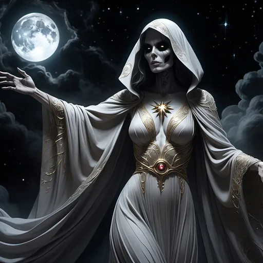 Prompt: (interpretation of Death from Marvel Comics), characterized by intricate details and dramatic posture, dressed in a flowing, ethereal robe, hauntingly elegant presence, shadowy ambiance, captivating gaze, set against a dark celestial background, starry sky, shrouded in mist, high contrast lighting, eerie yet captivating atmosphere, ultra-detailed, 4K quality.