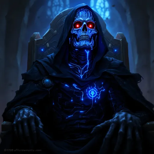 Prompt: A Necro-Cyberpunk Lich King, cloaked in tattered robes fused with glowing cybernetic armor and arcane tech. Its skeletal face peers from beneath a hood, with glowing red eyes and rune-etched plating. Cables and data conduits snake around its throne of bone and steel inside a crumbling techno-cathedral. Crimson holographic glyphs float in the air, and eerie green mist drifts from vents. Robotic undead guardians stand nearby, their armor embedded with circuit patterns and mystic symbols. The atmosphere is gothic, glitchy, futuristic, and darkly majestic. Highly detailed digital painting, cinematic lighting, cyber-fantasy style.