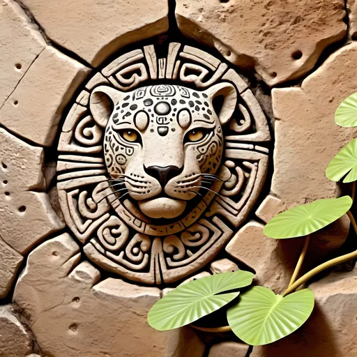 Prompt: (stylized water lily and jaguar paw etched into ancient Mayan temple wall), inside a cave, intricate mayan petroglyphs, mystical atmosphere, soft glowing light illuminating the textures, weathered stone background, rich earthy colors, tropical jungle foliage peeking through cracks, enchanting vibes, ancient history encapsulated, highly detailed, ultra-detailed, 4K resolution, captivating and serene composition.