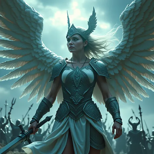 Prompt: UHD, Photorealistic image of a Winged Valkyrie descending from the sky, brilliant burst of light illuminating the scene, battlefield filled with struggling warriors, cool color scheme, photorealistic style, eye-level full shot, soft focus, hyperrealistic details, intricate features, amazing depth, stunning composition, atmospheric lighting, masterful execution, high definition, dynamic and imposing presence, capturing an epic moment of battle.