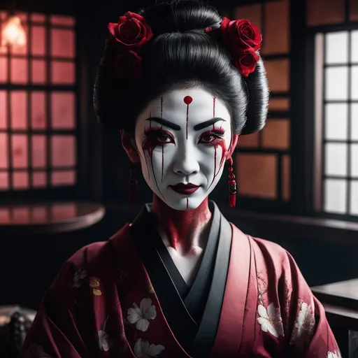 Prompt: wide angle full view HD Realistic Photo of a beautiful Japanese goth geisha woman, with an evil smile, serving tea in an eerie teahouse with a blood red and jet black kimono and white face make-up, black and dark red hair, dark wilted roses in her hair, tattoos, piercings, lace, and satin, perfect detailed face, detailed symmetric hazel eyes with circular iris, princess eyes, realistic, stunning realistic photograph, 3d render, octane render, intricately detailed, cinematic, trending on art station, Isometric, Centered hyperrealistic cover photo, awesome full color, hand drawn, dark, gritty, 64k, high definition, cinematic, portrait featured on unsplash, stylized digital art, smooth, ultra high definition, 8k, unreal engine 5, ultra sharp focus, intricate artwork masterpiece, ominous, epic, trending on artstation, highly detailed, vibrant