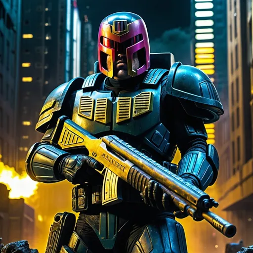 Prompt: (powerfully built Judge Dredd holding a massive futuristic shotgun), (grizzled), menacing, powerful, (dramatic lighting), (high contrast), vibrant neon blues and dark metallic grays, intimidating urban backdrop, apocalyptic metropolis with towering buildings, futuristic, dirty and gritty streets, HD, ultra-detailed, cinematic, authoritative atmosphere, intense, hyper-realism, intricate textures, dynamic pose.