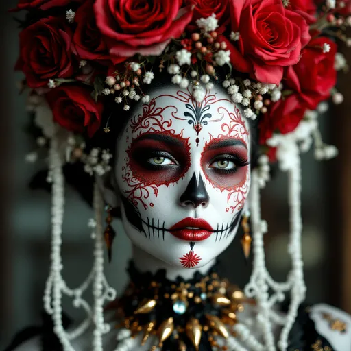Prompt: A surreal and highly detailed cowboy portrait shot of a shiny porcelain stunningly beautiful woman wearing Día de los Muertos makeup, featuring intricate floral patterns and a striking color palette of stark white, red, black and gold. She a gothic/vampish style that she shows off well and accents her haughty nature.  Her face is adorned with symmetrical decorative elements, with glitter paint around her eyes, metallic red lips, and a skull-like nose design. Her eyes are intense and expressive, enhanced by dramatic shadows. She wears an elaborate headdress made of red roses and belladona plants integrated into an artistic structure inspired by Art Nouveau and cyberpunk aesthetics. Her neck and shoulders are covered in intricate, aztec art tattoos, reminiscent of tribal and futuristic ornaments.  Glossy black and  and gold jewelry adorn her ears and neck. The background is minimalistic, with abstract dripping paint effects and elegant lines, creating a dreamlike and artistic atmosphere. A hyperrealistic rendering with rich textures and soft yet contrasting lighting