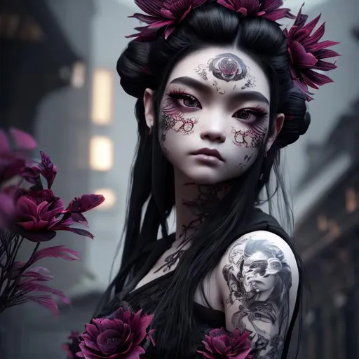 Prompt: wide angle view HD Realistic Photo of a beautiful Asian goth geisha woman, dark black hair, dark red flowers in her hair, tattoos, piercing, lace, and satin, perfect detailed face, detailed symmetric hazel eyes with circular iris, princess eyes, realistic, stunning realistic photograph, 3d render, octane render, intricately detailed, cinematic, trending on art station, Isometric, Centered hyperrealistic cover photo, awesome full color, hand drawn, dark, gritty, 64k, high definition, cinematic, neoprene, portrait featured on unsplash, stylized digital art, smooth, ultra high definition, 8k, unreal engine 5, ultra sharp focus, intricate artwork masterpiece, ominous, epic, trending on artstation, highly detailed, vibrant