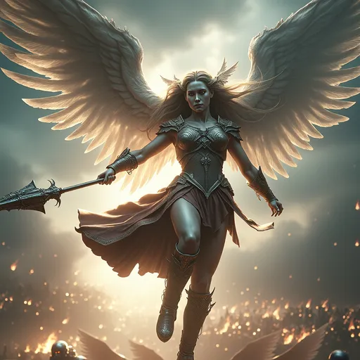 Prompt: UHD, Photorealistic image of a Winged Valkyrie descending from the sky, brilliant burst of light illuminating the scene, battlefield filled with struggling warriors, cool color scheme, photorealistic style, eye-level full shot, soft focus, hyperrealistic details, intricate features, amazing depth, stunning composition, atmospheric lighting, masterful execution, high definition, dynamic and imposing presence, capturing an epic moment of battle.