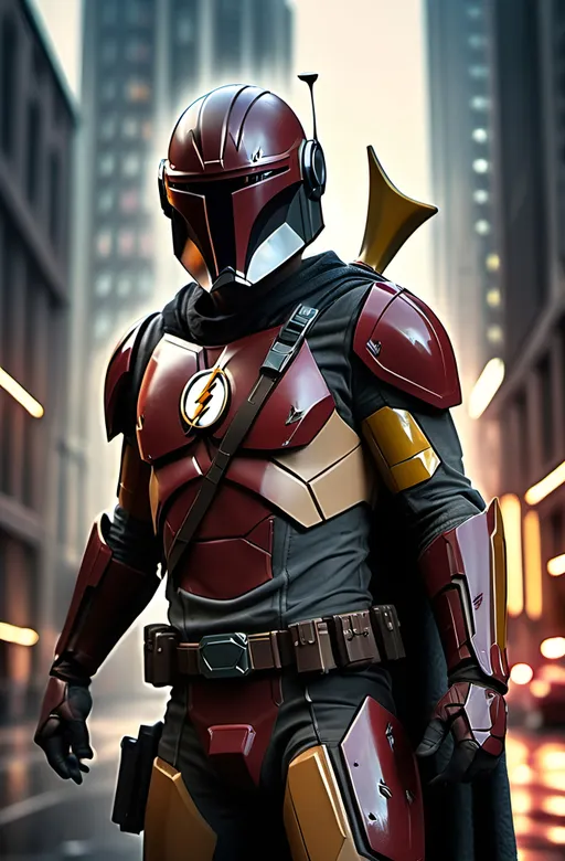 Prompt: (The Flash Mandalorian)  dynamic pose, blending elements of both characters, dark and mysterious ambiance, cool tones, sleek textures, high detail, dramatic shadows, futuristic cityscape background, moody lighting, enhanced visual contrast, 4K quality, emphasizing strength and fearlessness, epic superhero vibe.