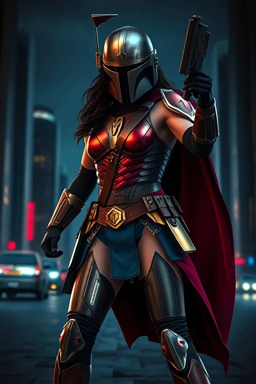 Prompt: HD Hyperrealistic, Photorealistic Wide Angle Full body image of (Wonder Woman Mandalorian) dynamic pose,  bright colors to offset the dark background, blending elements of both characters, dark and mysterious ambiance, vibrant tones, sleek textures, high detail, dramatic shadows, futuristic dystopian cityscape background, moody lighting, enhanced visual contrast, 8K quality, emphasizing strength and fearlessness, epic superhero vibe.