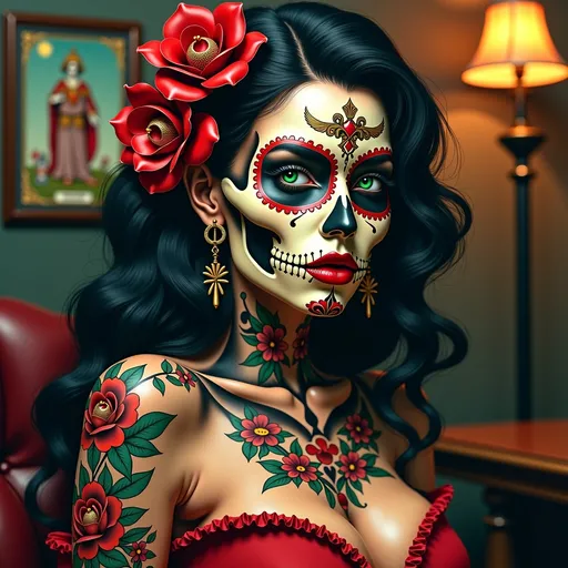 Prompt: Photorealistic, 8k, Masterpiece, Contest Winner, Highly Detailed, Sharp Focus, Dynamic Lighting, Dark Colors, Texture Detail, Overall Detail, Ultra Detailed, Syd Mead, Gil Elvgren, Norman Rockwell, a tattooed skull with a traditional design featuring roses and daggers, background of a dimly lit tattoo parlor with vintage furniture and walls adorned with vintage art, the faint smell of ink, Goth, The Queen of Swords in a unique Art Deco Tarot card style, dia de muertos and sugar skull style,  a beautiful mexican woman with piercing green eyes and flowing black and red hair, her expression enigmatic, Vintage, Intricate Details, Natural Lighting, Depth of Field, Sharp Focus