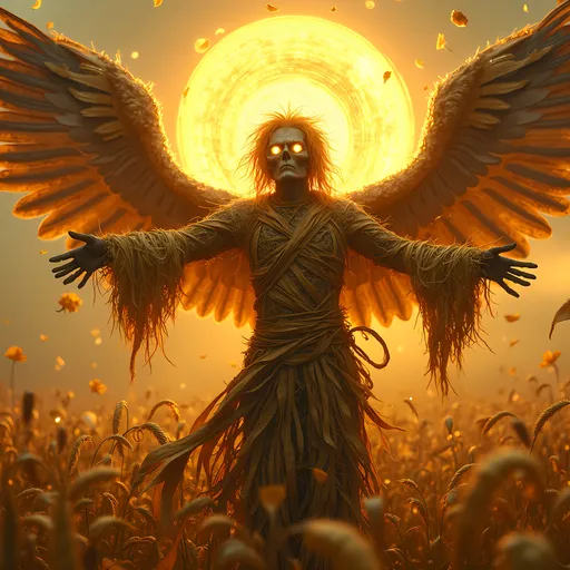 Prompt: fantasy style image of The Scarecrow Archangel of the Fields, wings woven from blessed hay, eyes glowing like moons, sacred halo of sun and autumn swirling above, warm color scheme with rich golds and shimmering earthy tones, ethereal ambiance, radiant and eternal presence, detailed surrounding fields filled with golden grains, ultra-detailed, high quality, atmospheric lighting creating an enchanting aura.