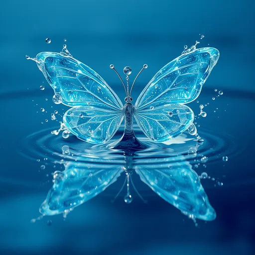 Prompt: An ultra-high-definition image of a vibrant, Image of a water droplet hitting the surface of a perfectly clear puddle, stunning crystal clarity, images of the Milky Way and the universe reflected in the water, breathtaking detail, reflections dancing across the surface, high-speed capture, serene tranquility. Emerging from the splash is a mythical Water Butterfly, formed entirely of shimmering liquid, its wings arcing upwards in translucent multicolored hues of blue, droplets suspended midair. Cool blue tones with hints of shimmering silver, ethereal atmosphere, ultra-detailed, 4K resolution, dynamic motion capture, nature’s elegance and mystique, calming ambiance, a blend of surreal and serene beauty., breathtaking detail, reflections dancing across the surface, high-speed capture, serene tranquility, cool blue tones with hints of shimmering silver, ethereal atmosphere, ultra-detailed, 4K resolution, dynamic motion capture, nature’s elegance, calming ambiance. Ultra-detailed, dynamic motion capture, serene yet powerful, combining the elegance of nature with a touch of the fantastical, perfect for UHD 4K resolution.