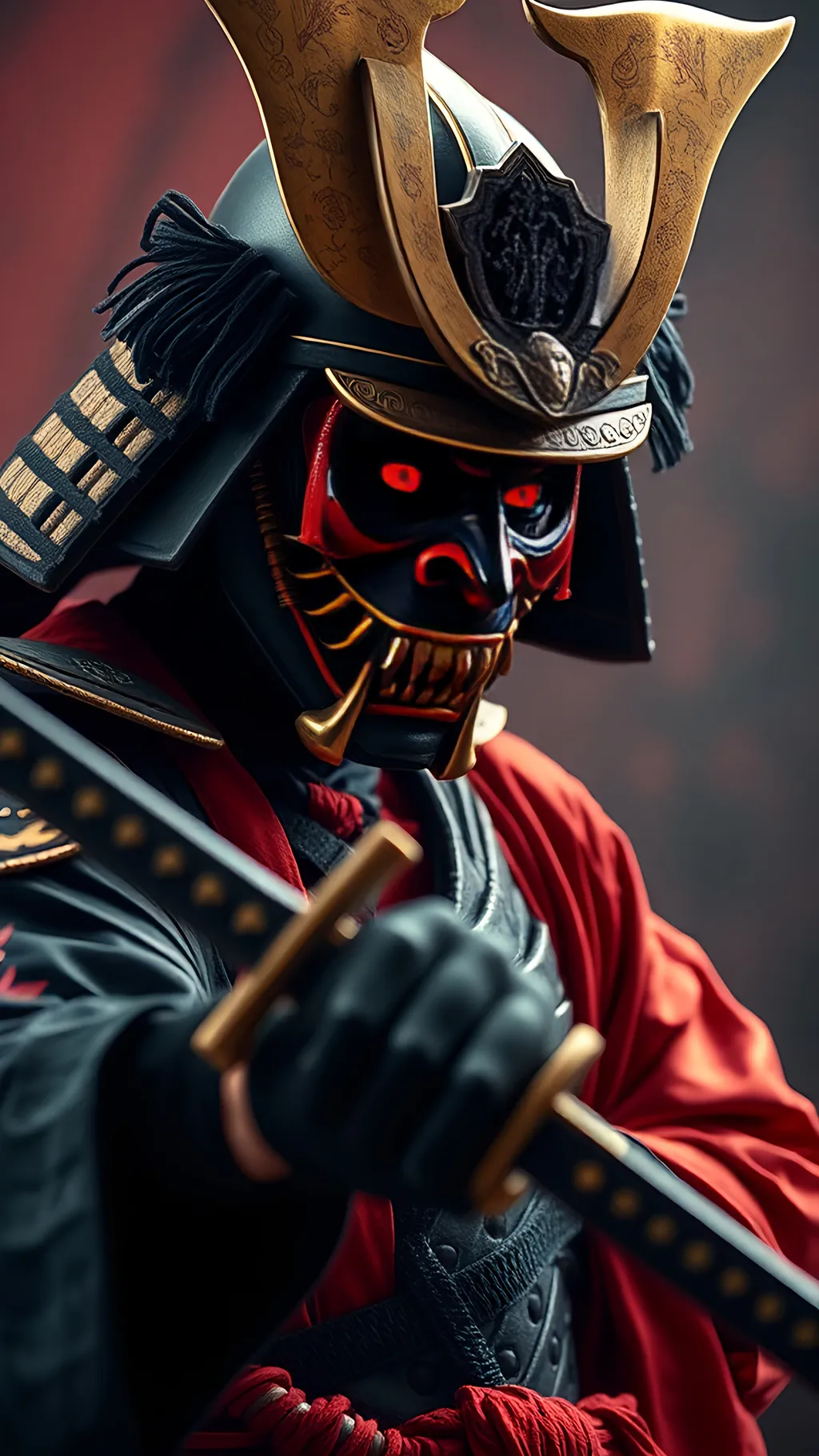 Prompt: cinematic photo solo, digital photo, ultimate portrayal of a fierce 17th century demon samurai ready for battle, holding katana, samurai battle mask . 35mm photograph, film, bokeh, professional, 4k, highly detailed", "solo, digital photo, ultimate portrayal of a fierce 17th century demon samurai ready for battle, holding katana, samurai battle mask, dynamic, dramatic, cinematic, professional, detailed, sharp focus, great intricate detail, elegant, perfect shiny background, symmetry, pretty, attractive, elite, best, royal, deep noble, amazing, appealing, cool, highly coherent