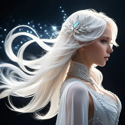 Prompt: Silhouette Art, magnificent. stunningly beautiful female air elemental, long white hair made from clouds, bangs, pulsing with gusts of wind and white electrical energy, white energy motes are all around her, she has an ethereal quality that makes her more mysterious,  subtle white iridescent diamonds covering her body,   Create a hyper-realistic scene in 8K resolution with intricate, lifelike textures and fine details. The composition is rendered with photorealistic quality, using advanced lighting, shadows, and reflections to emphasize realism. Every element, from the subject to the background, is crafted with meticulous attention to detail, capturing natural depth, accurate proportions, and true-to-life materials. The atmosphere is immersive and visually arresting, highlighting realistic textures, subtle nuances, and dynamic elements like natural light or motion. The overall effect should feel stunningly lifelike, evoking realism in every aspect.Unreal Engine, photorealistic, hyperrealistic, and visually arresting. Rendered in 8K, hyperrealistic, with fine intricate details.