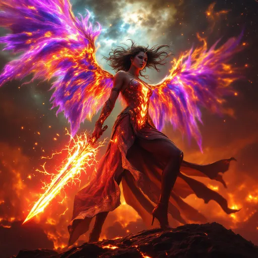 Prompt: A god-tier cinematic fantasy portrait of the Solarflare Valkyrie — a divine entity made of living plasma, hotter than the heart of a star. Her molten lava armor now glows with inner solar flares, every plate cracked open with radiant light. Her wings are made from stellar eruptions, unfurling into the void like supernova tails. Her sword is no longer fire — it’s a blade forged from collapsed star matter, shimmering with quantum heat and encased in a corona of magnetic flame. She rises above a burning exoplanet, its crust splitting open in worship beneath her. Behind her, entire galaxies swirl in ash and flame, and a massive dying sun — pale in comparison — trembles at her ascent. Her eyes are twin white holes. Hair like nuclear threads of molten reality. Her presence bends space with radiant wrath. This is the end of myth, the mother of fire, the Valkyrie of Cosmic Judgment. Ultra-high detail, cosmic-fantasy realism, cinematic lighting, god-tier epic.