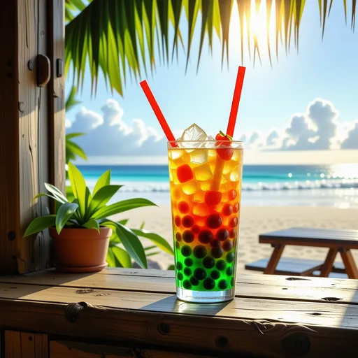 Prompt: (photorealistic) vibrant colors, (detailed illustration) cute rainbow colorful boba tea, (window sill) tiki bar setting, (tropical oceanfront) background, shallow depth of field, cinematic lighting, dappled sunlight, lens flare bokeh, serene atmosphere, refreshing tropical feel, high quality, ultra-detailed, inviting and cheerful vibes.