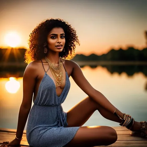 Prompt: Photo-realistic Photo of a naturally gorgeous Indian woman, full body shot, sitting on a dock at a lake, some freckles across her nose,  in a low cut, revealing, opaque sundress, multiple necklaces, and bracelets. sun going down in the background,  Styled like a Hippie, stunningly beautiful, hyper-realistic, high definition, stunning beauty, detailed facial features, realistic lighting, professional artwork, atmospheric lighting, highres